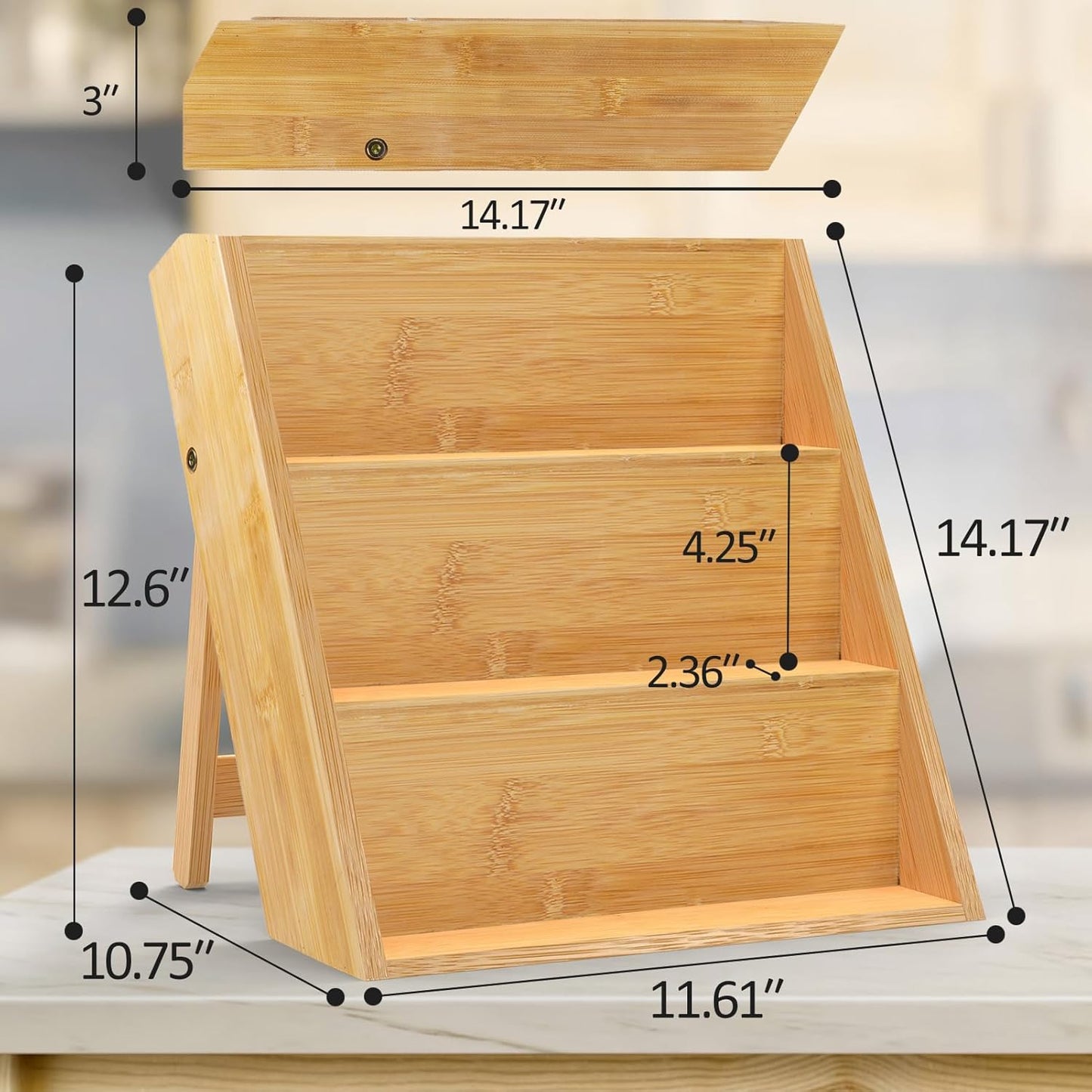 Bamboo Spice Rack Organizer for Kitchen Counter, 3 Tier Foldable Spice Shelf for Cabinet or Drawer (Jars Not Included)