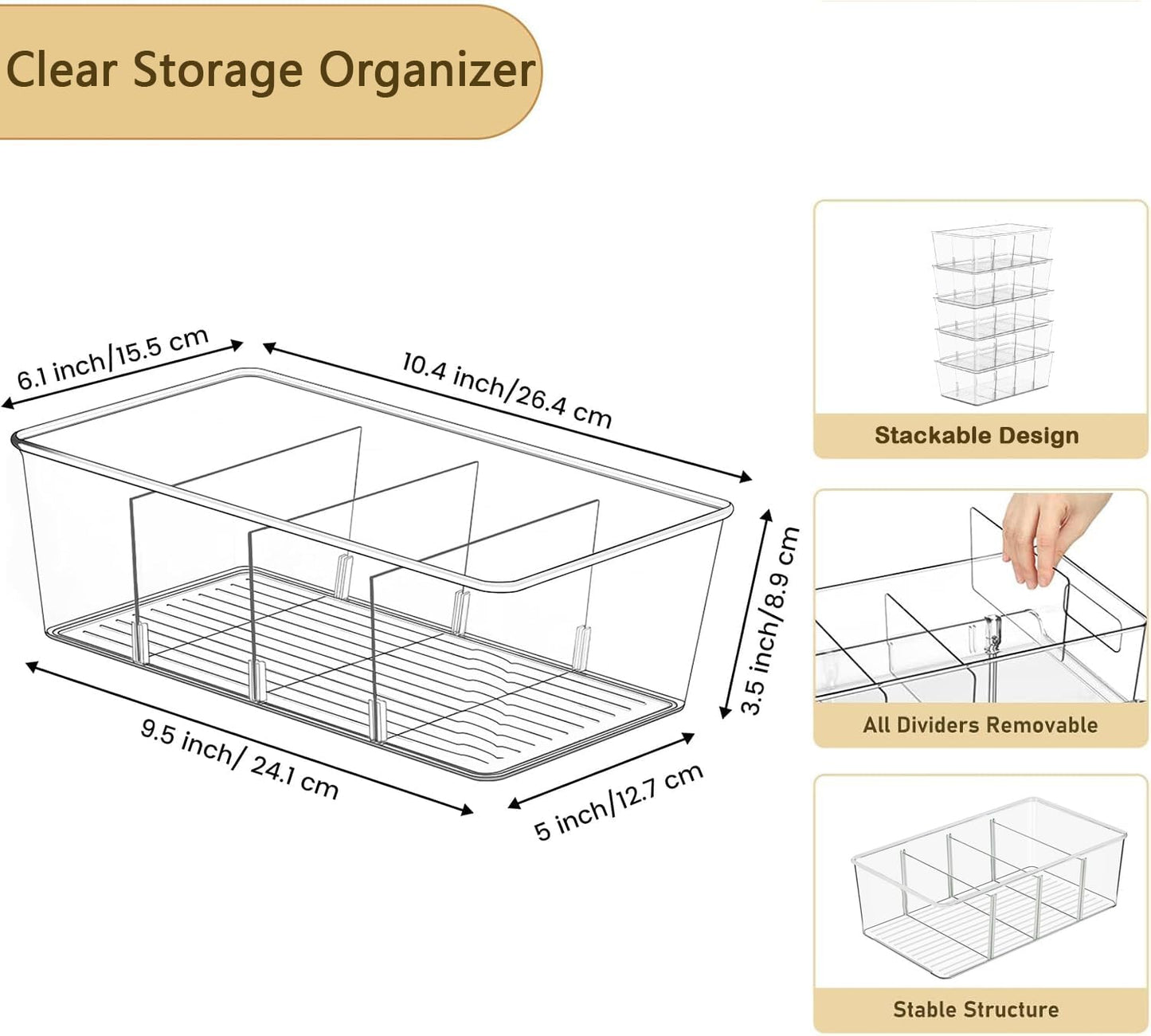 Pantry Organizers and Storage,Kitchen Organizers and Storage for Fridge,Drawer and Refrigerator - Spice Organization for Cabinet,Clear Plastic Stackable Storage Organizer Bins with 3 Dividers (3 Pcs)