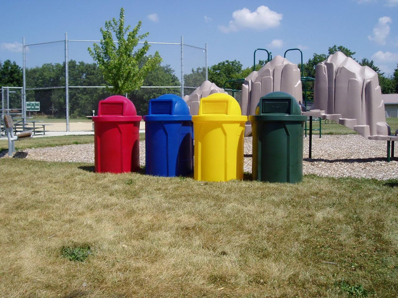 42 Gallon Circle 100% Recycled Plastic Heavy Duty Outdoor Commercial Trash Can with Push Open Dome Lid and Internal Liner | Great for Schools and Businesses - Green Granite