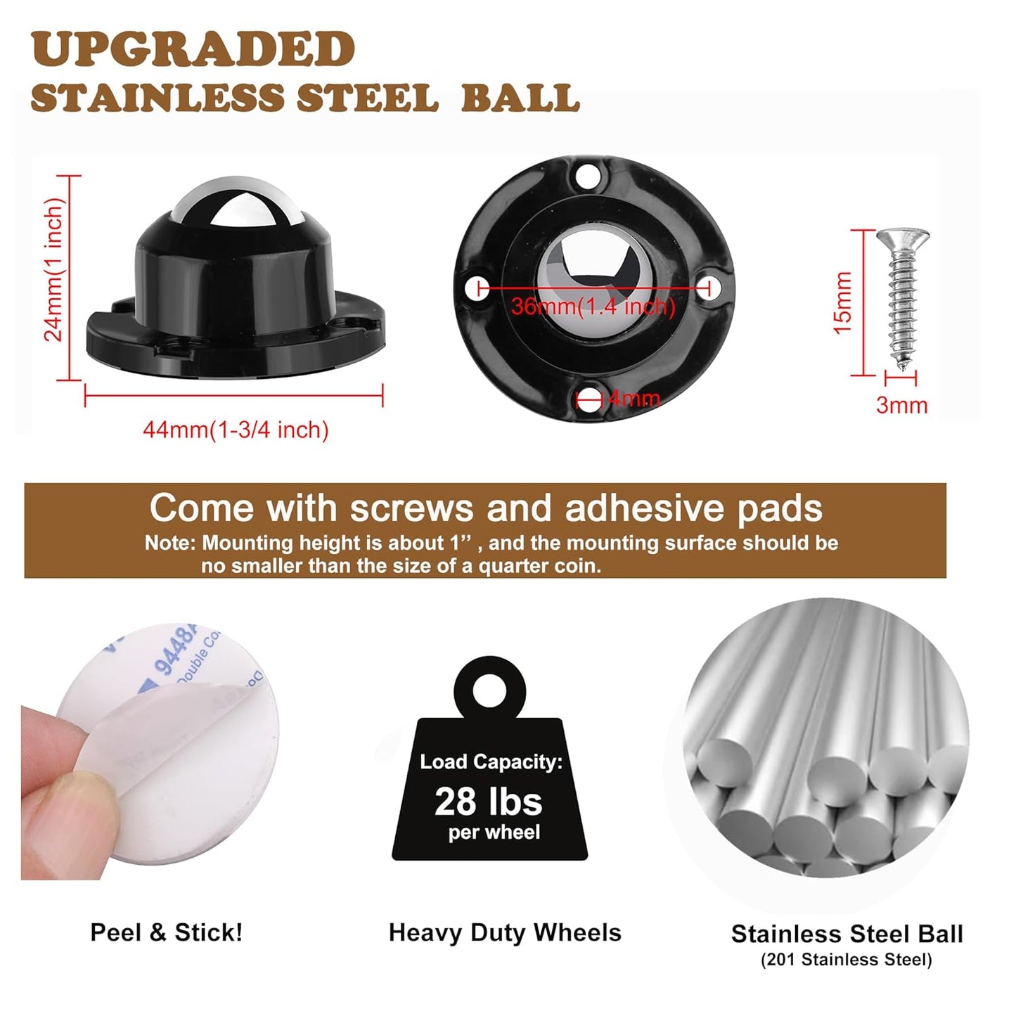 PlusRoc 4 Pack Anti-Rust Wheels Stainless Steel Self Adhesive Caster Wheels for Kitchen Appliance Rollers Sliders Mop Bucket, Load Capacity 28LBS Per Wheel for Furniture