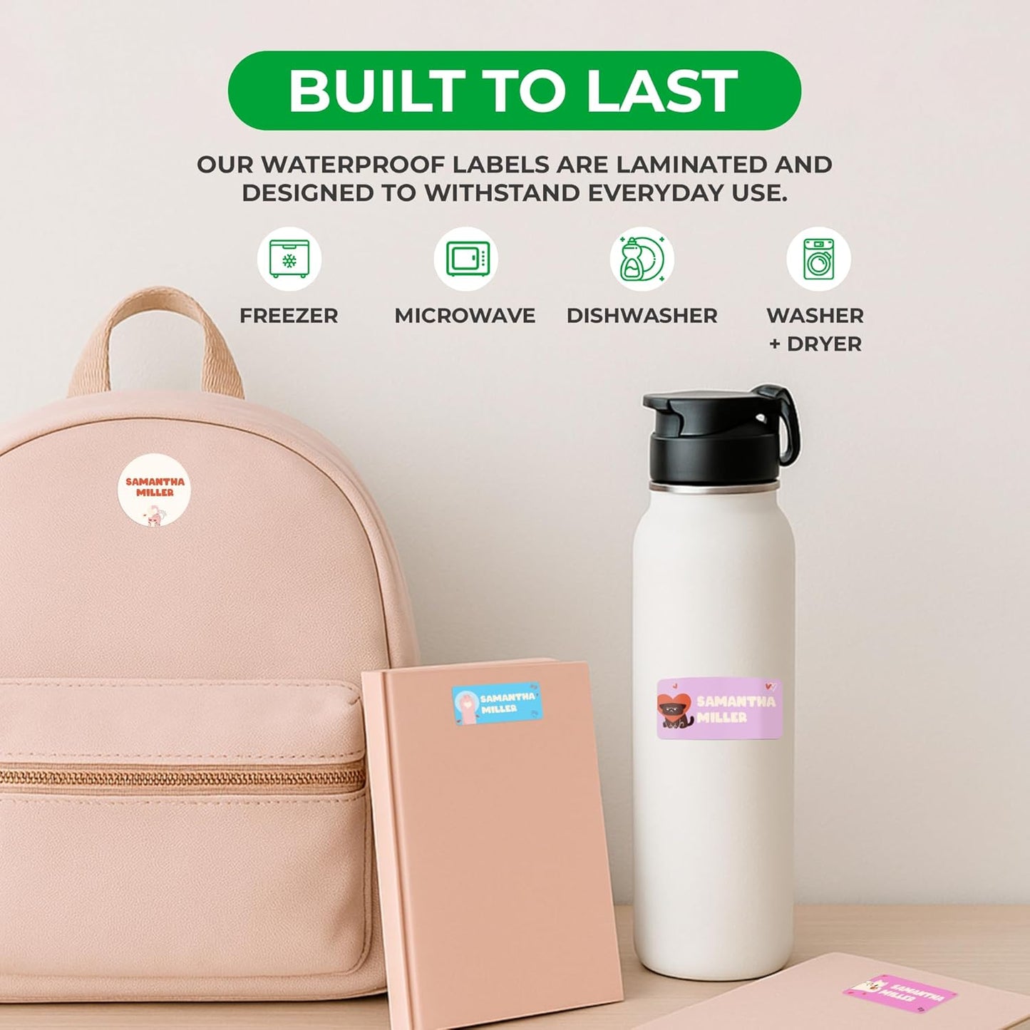 Personalized Name Tag Stickers for Kids (130+ Pack) | Cat Waterproof Labels for School Supplies, Bottles & Lunch Boxes | Custom Vinyl Name Labels for Clothing, Toys & More (F. Cats)