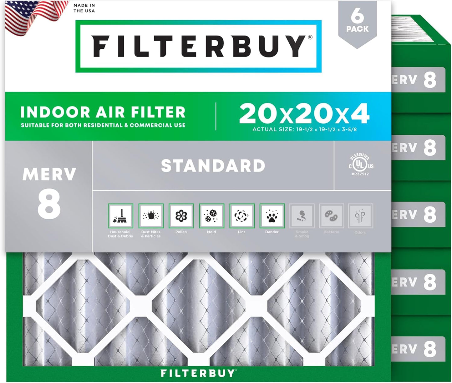 Filterbuy 20x20x4 Air Filter MERV 8 (MPR 700) Dust Defense Replacement (6-Pack), Electrostatic Pleated HVAC AC Furnace Filters, Made in USA (Actual Size: 19.50 x 19.50 x 3.63)