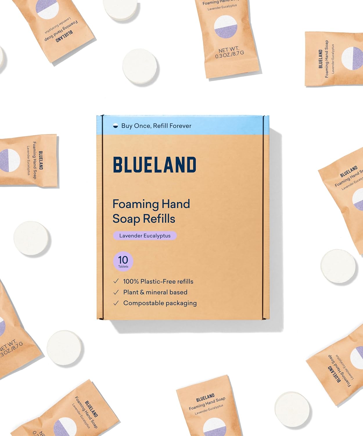 BLUELAND Foaming Hand Soap Refill Tablets, 10-Pack, Lavender Eucalyptus Scent, Eco Friendly Cleaning Products, 10 x 9 Fl oz
