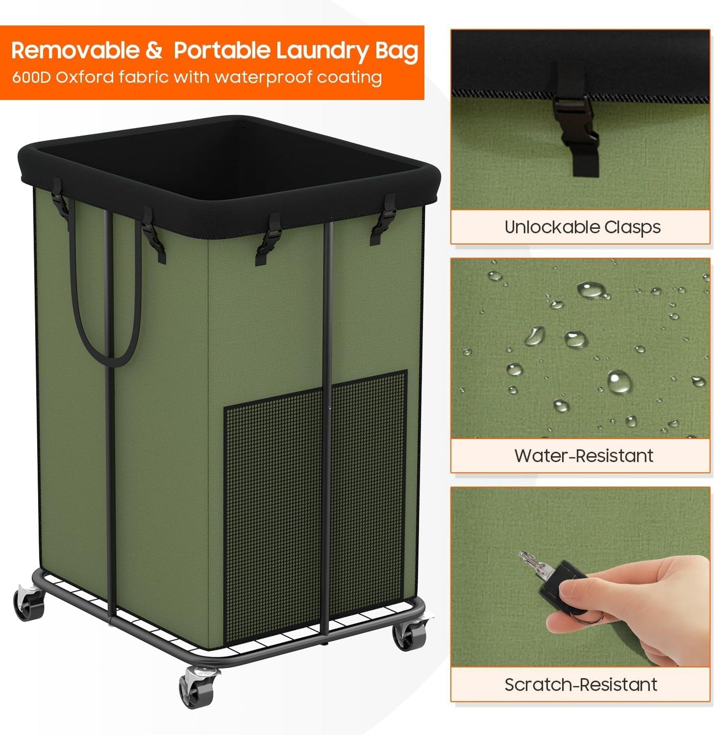 150L Laundry Hamper with Wheels, Rolling Laundry Basket with Metal Frame and Removable Bag, Large & Tall Dirty Clothes Hampers for Bedroom Aesthetic, Laundry Room, Bathroom, Dorm-Green