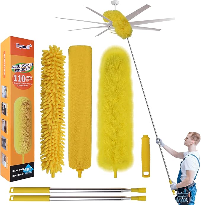 Cobweb Duster with Extension Pole, 110" Microfiber Feather Duster Kit with Bendable Washable Heads, Spider Web Brush, Dusters for Cleaning Ceiling Fan, High Ceiling, Blinds, Furniture & Cars