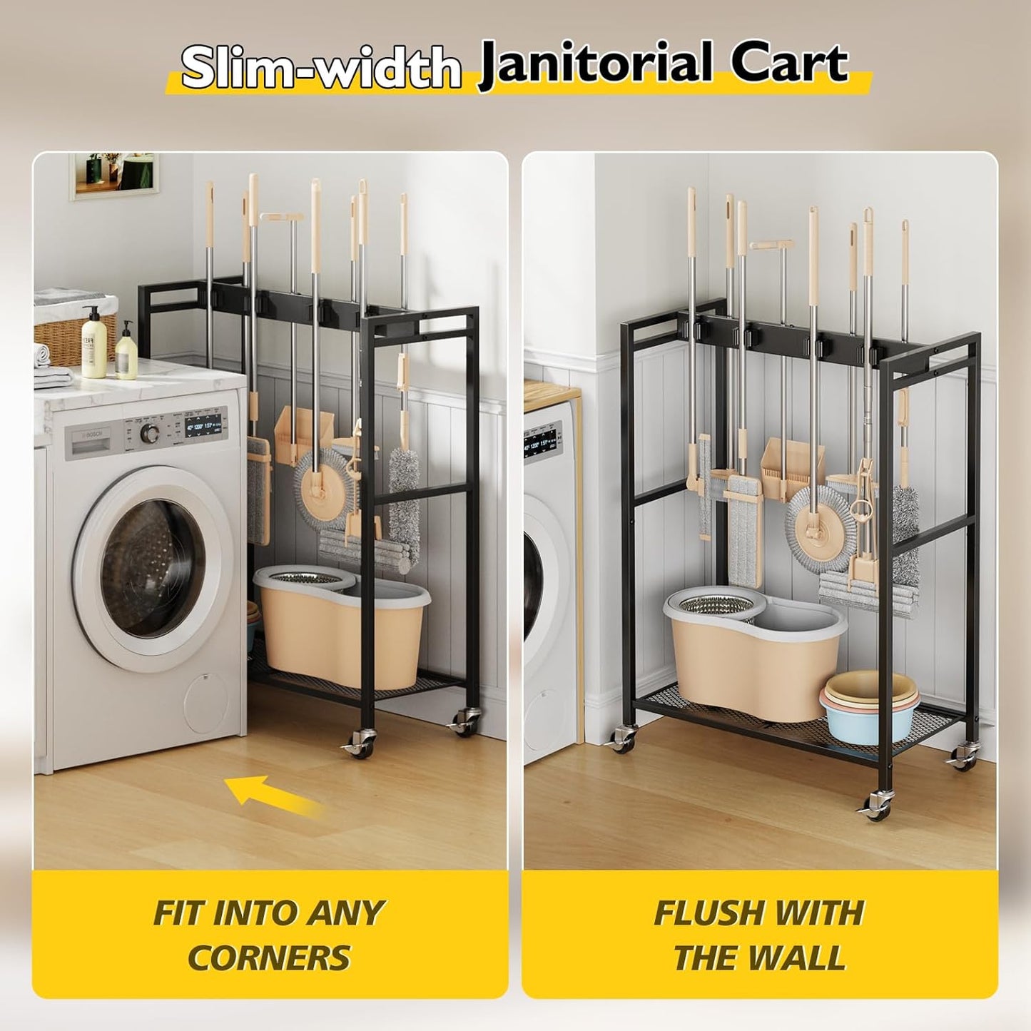 BORISI Broom And Mop Holder, Movable Broom Closet Storage Cabinet, Cleaning Cart with Mop Hanger Gripper Rack, Janitorial Cart, Utility Carts, Laundry Room Organization Home Essentials