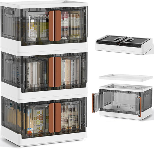 HAIXIN Closet Organizers and Storage - Trunk Car Organizer with Lids and Doors, Dorm Room Essentials, 8.4 Gal Collapsible Stackable Storage Bins, Plastic, 3 Pack