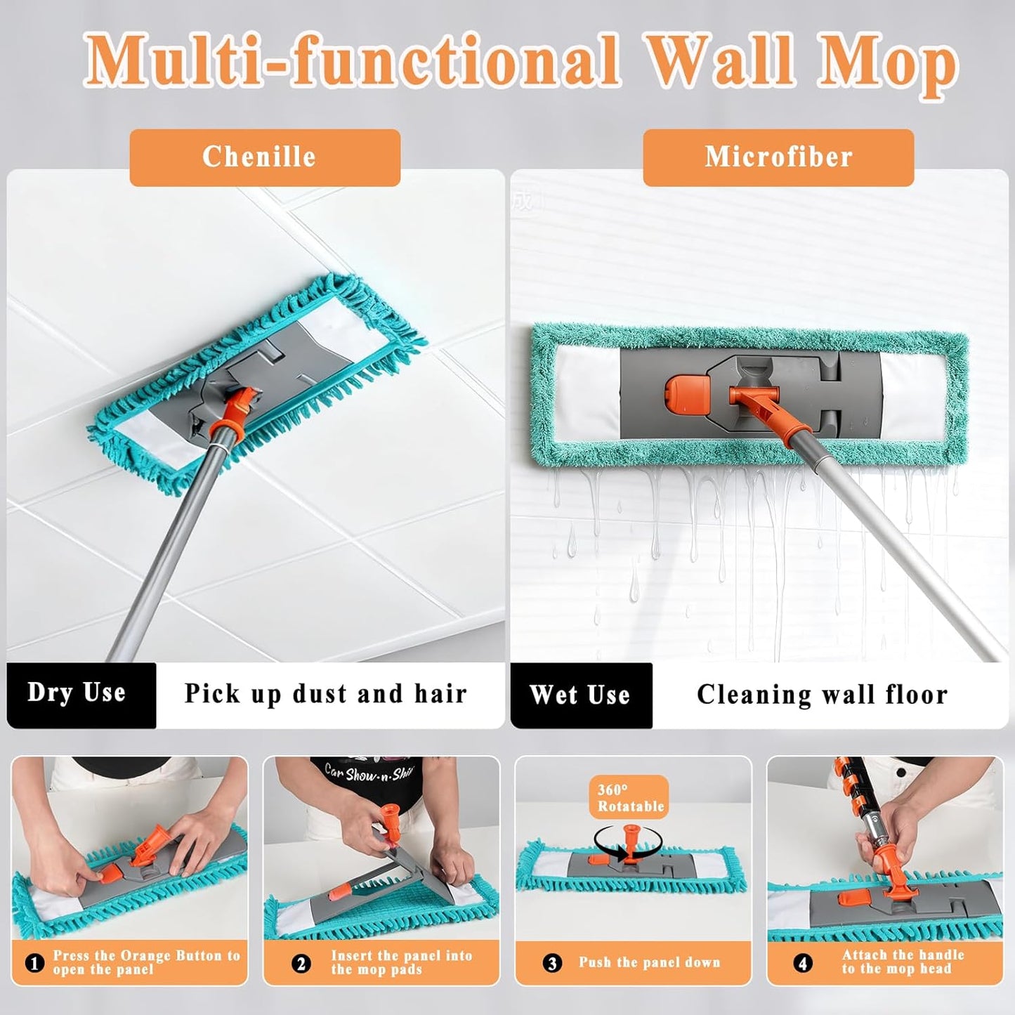 20ft High Ceiling Duster Kit with 5-12ft Heavy-Duty Extension Pole, Cobweb Duster, Ceiling Fan Duster, Window Squeegee & Cleaner, Microfiber Duster, Wall Mop for Home High Reach Cleaning