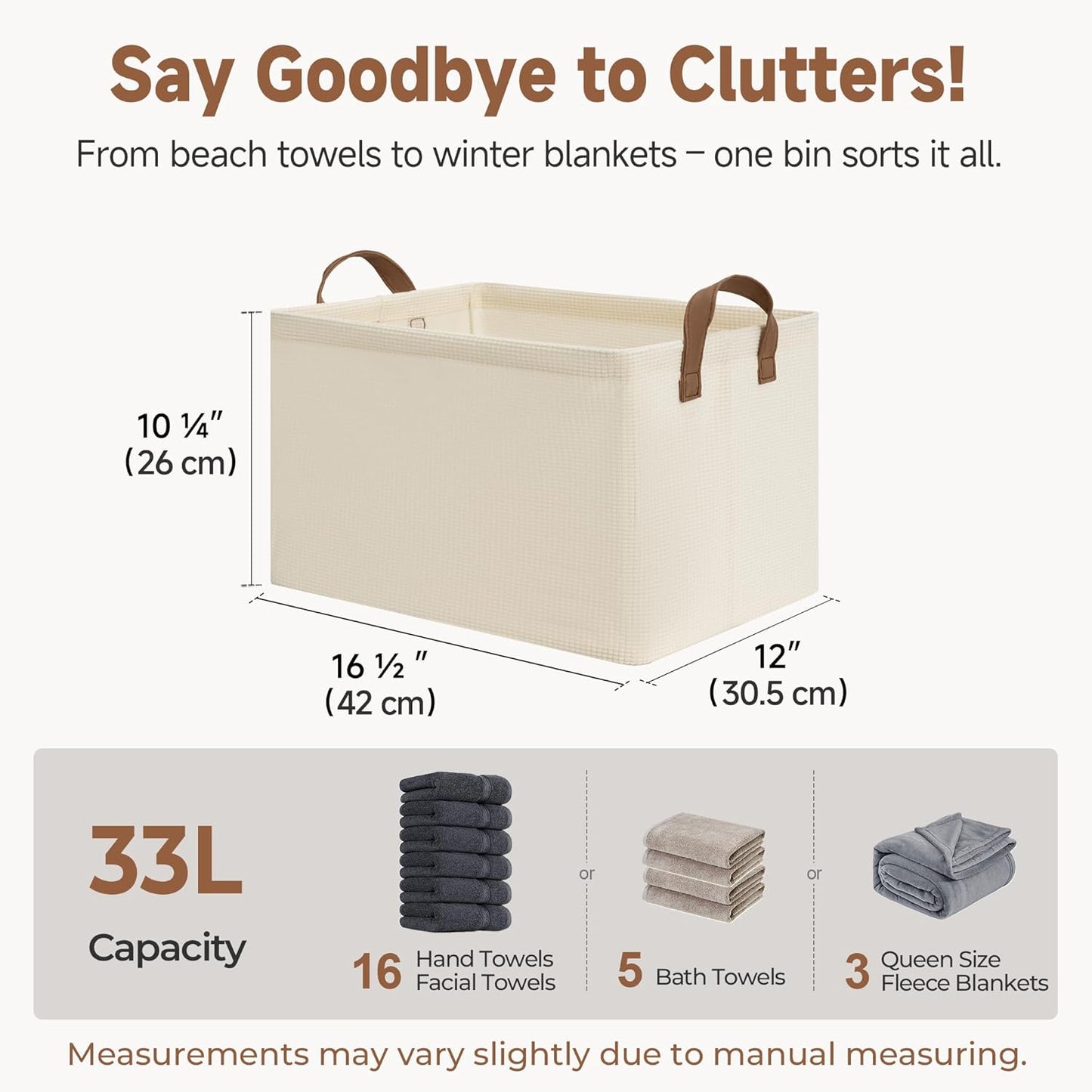 StorageWorks Storage Bins, Shelves Baskets for Organizing, Large Fabric Closet Organizers with Handles, Metal Frame, Beige（Texture）, 2-Pack