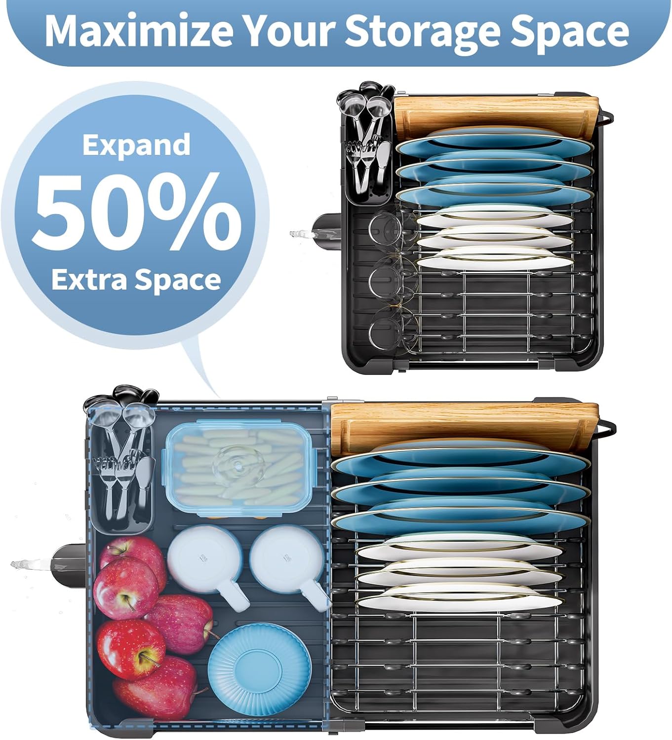 Dish Drying Rack for Kitchen Counter, Extendable Dish Rack with Drainboard, Collapsible Dish Drainer, Expandable Dish Strainer with Cutlery Holder, Foldable Home Countertop Plate Storage Rack, Black