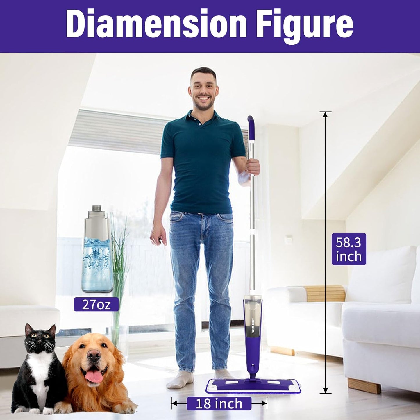 Mops for Floor Cleaning, Wet and Dry Spray Mop with Refillable Spray Bottle and 3 Washable Microfiber Pads Home or Commercial Use Flat Mop for Hardwood Laminate Wood Ceramic, Purple