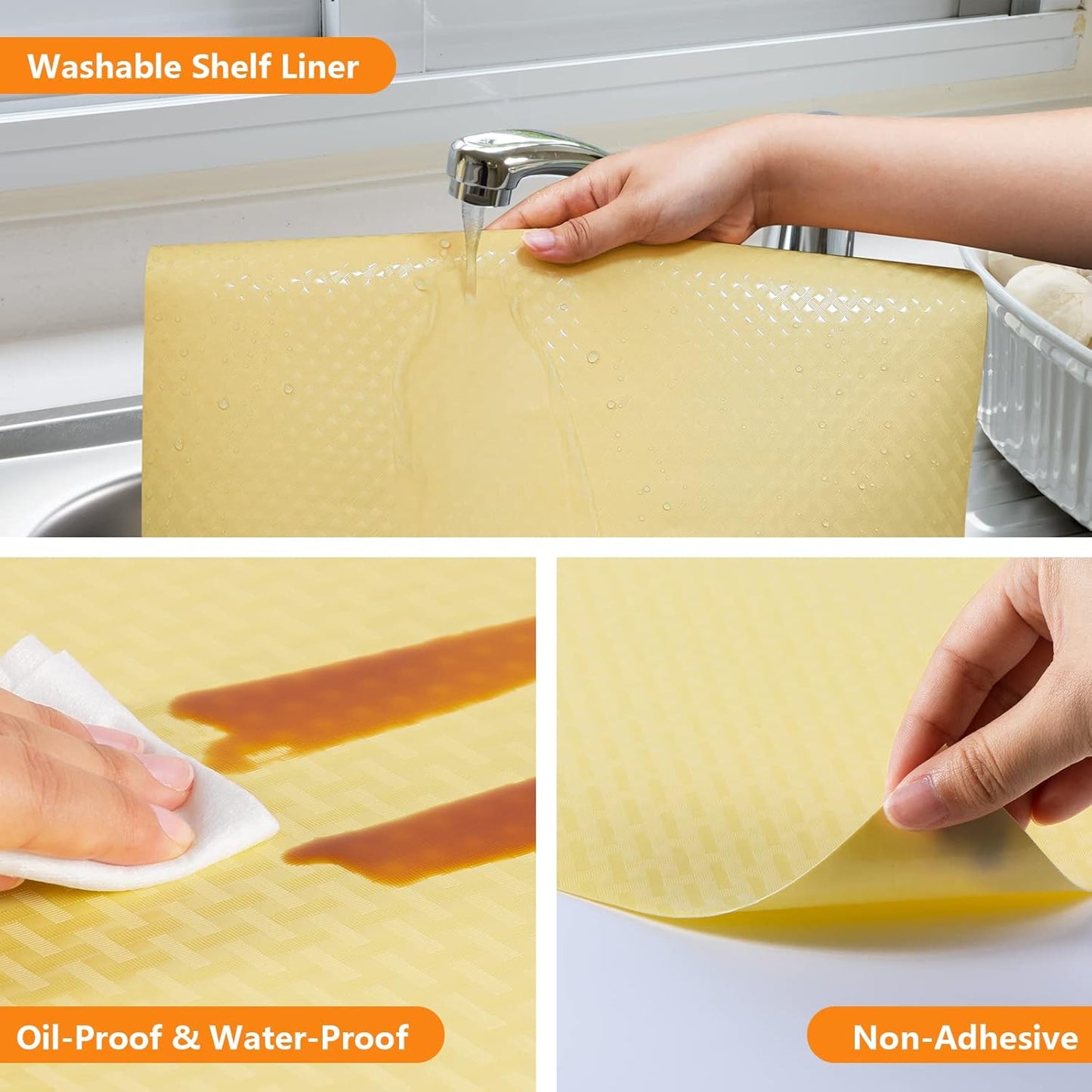 Shelf Liners for Kitchen Cabinets Refrigerator Liners Waterproof & Oil-Proof Kitchen Cupboard Liner Non Adhesive Drawer Mats Cabinet Liners for Shelves -Yellow Beige 11.8 x 236.2 Inches