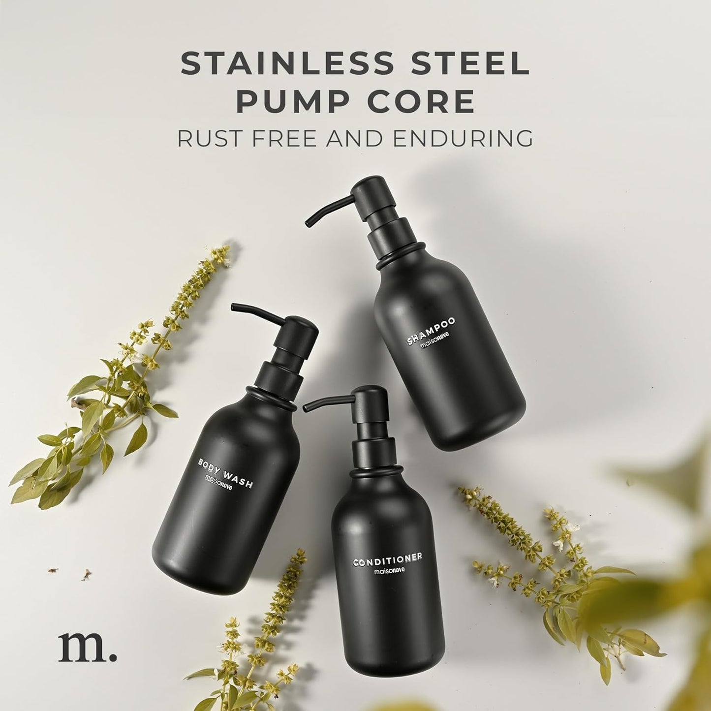 MaisoNovo Refillable Shampoo and Conditioner Bottles | 16.9 fl oz Set of 3 Black Plastic Bottles Black Pumps