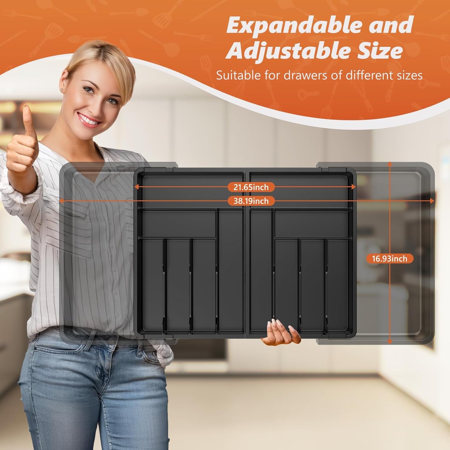 Large Silverware Drawer Organizer,utensil drawer organizer Adjustable Flatware and Cutlery Holder BPA Free Plastic Utensil Tray for Kitchen Spoons Forks Knives Black 21.6 to 38 Inches