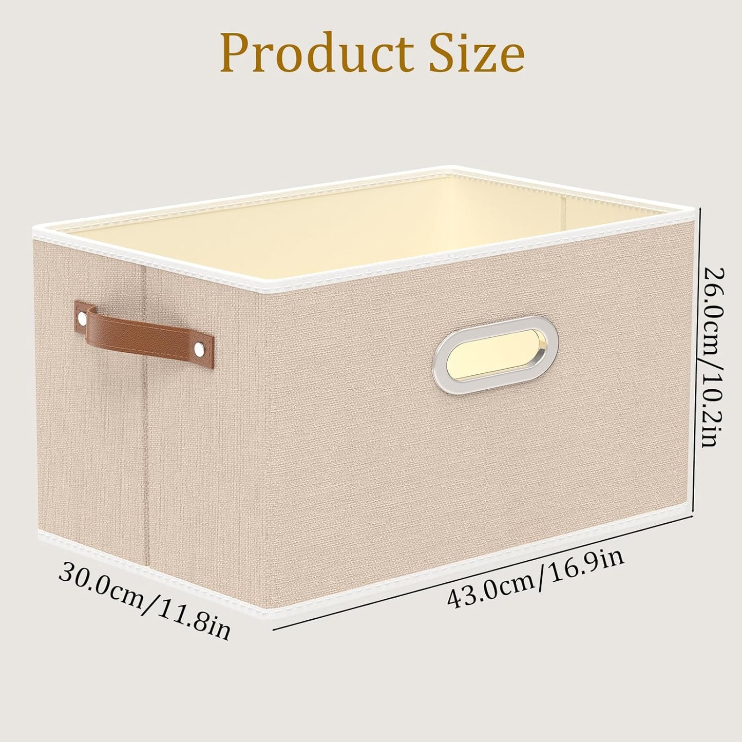 Yawinhe Fabric Storage Bins with Handles, Foldable Baskets for Shelves, Cubes with 3 Handles, Large Boxes for Clothes, Beige, 16.9''Lx11.8''Wx10.2''H, 6-Pack