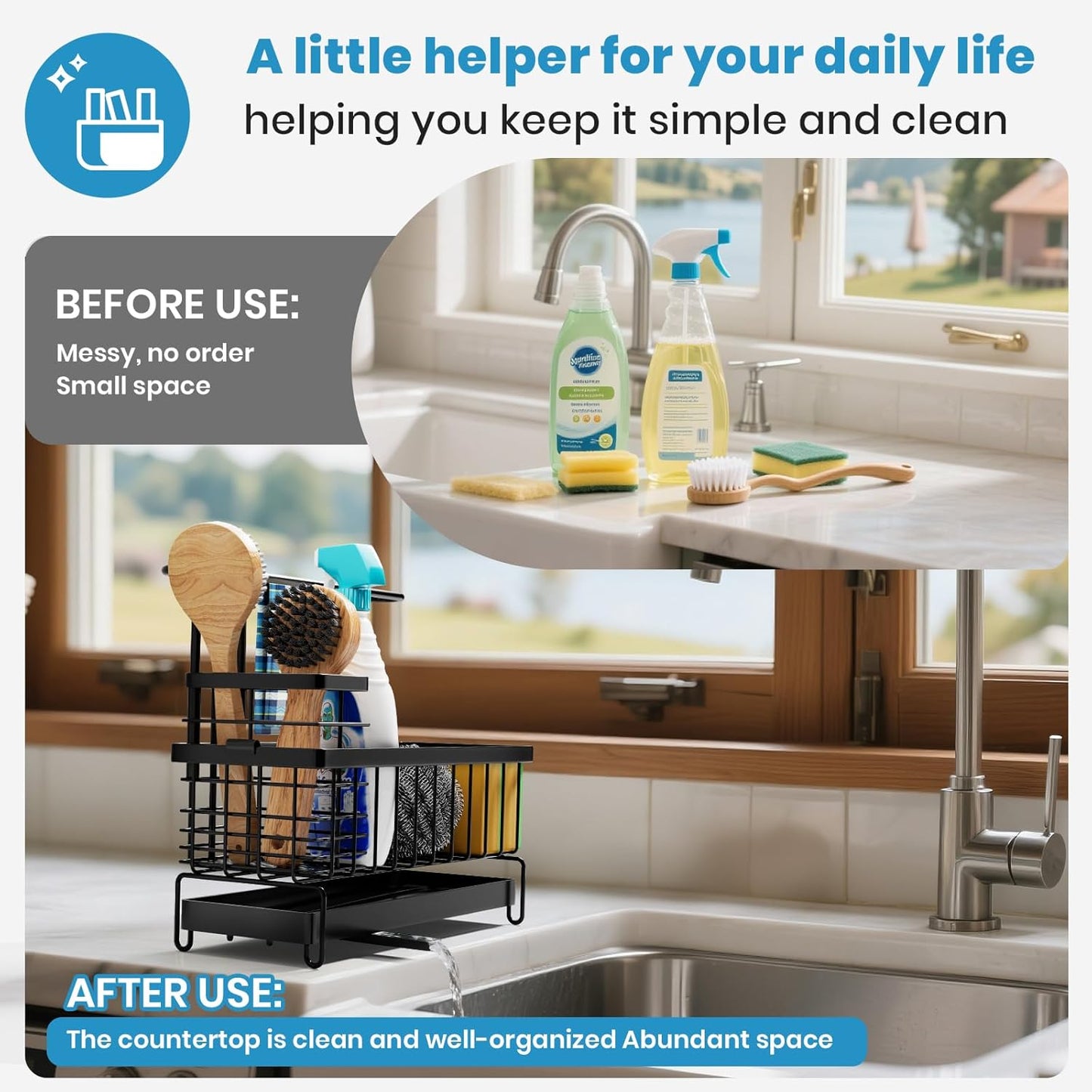 Kitchen Sink Caddy, Sponge Holder with 360 Degree Rotating Drain, Carbon Steel Organizer with High Brush Holder Rustproof, Sink Caddy Organizer for Kitchen Gadgets and Decor