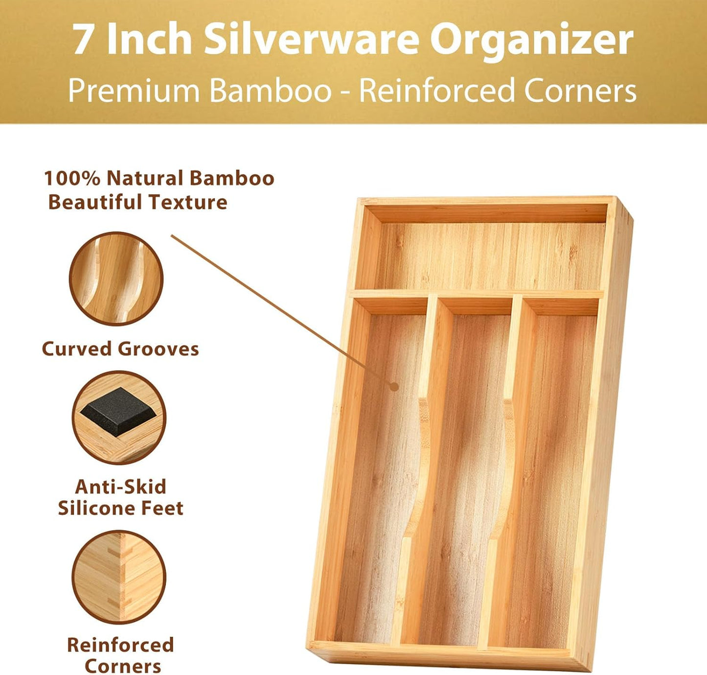 Umilife Bamboo Kitchen Drawer Organizer, 7 Inch Silverware Utensils Tray Holder for Small Drawer, Wood Caddy for Flatware Cutlery Knives