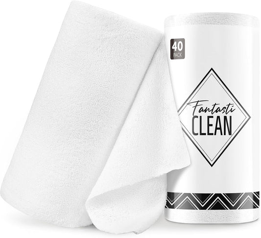 Fantasticlean Microfiber Cleaning Cloth Roll -40 Pack, Tear Away Microfiber Towels, 12" x 12", Reusable, Washable, Scratch Free, Ultra Absorbent Dishcloth for Car, Home Supplies, Pet, Kitchen (White)