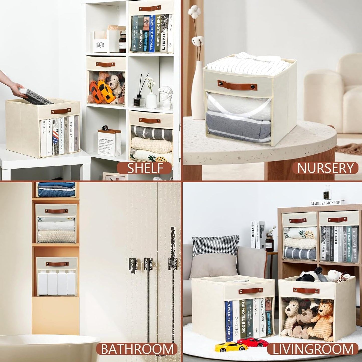 HNZIGE 11 x 11 Storage Cubes Bins for Storage Organizer,Shelf Fabric Storage Bin for Cube Organizer, Canvas Cloth Bin,Cubby Decorative Cube Organizer Bin for Cube Storage Blanket Home(Cream 6 PCS)