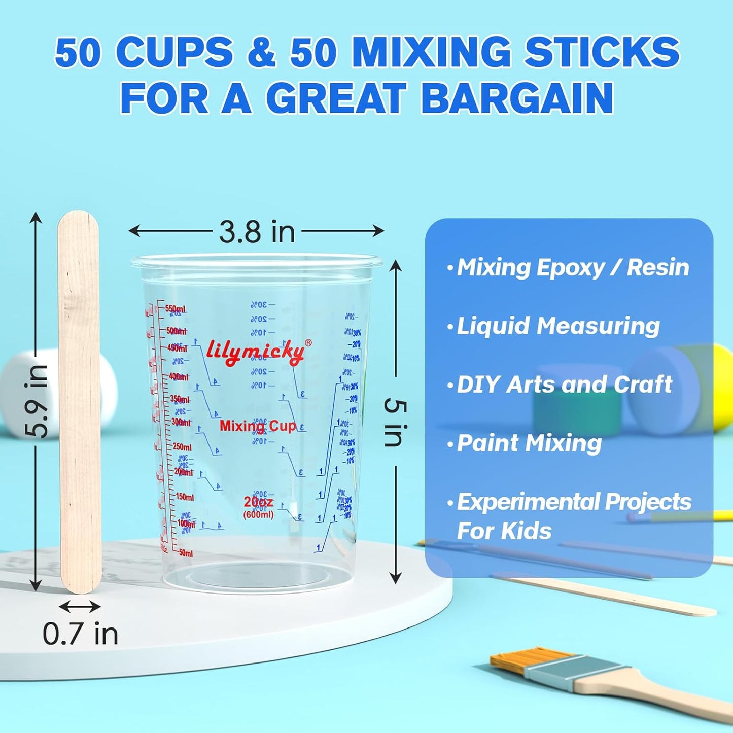 50 Pack Plastic Mixing Cups, 20 oz (600ml), Disposable Measuring Cups with 50 Wooden Mixing Sticks, Measurement ratios: 2:1, 3:1, 4:1, Suitable for Epoxy Resin, Liquid Measuring, and Paint