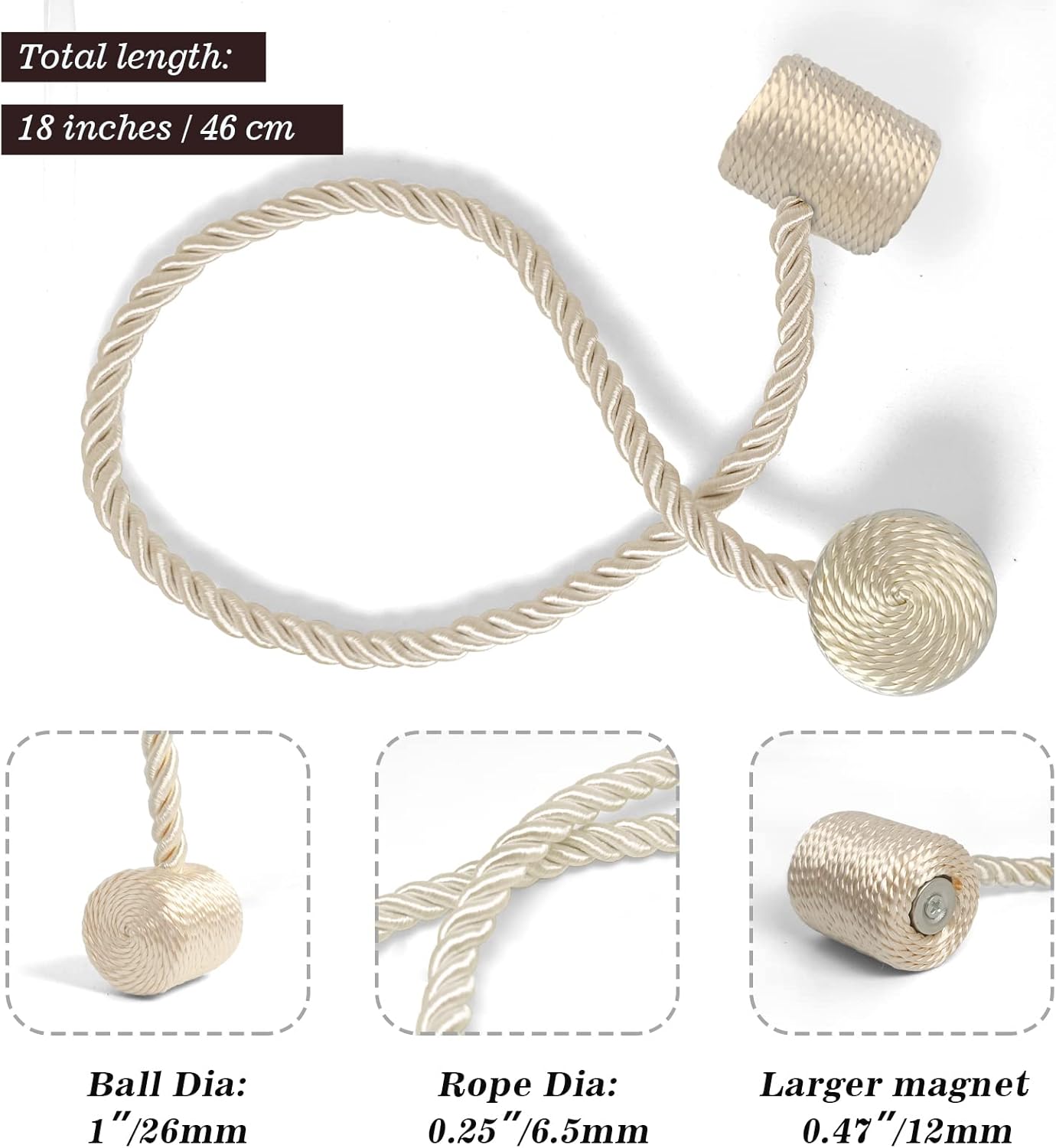 Hion Magnetic Curtain Tiebacks Beige 4 Pack, Curtain Tiebacks Buckles Holdbacks Holders Hooks Clip for Home Bedroom Office