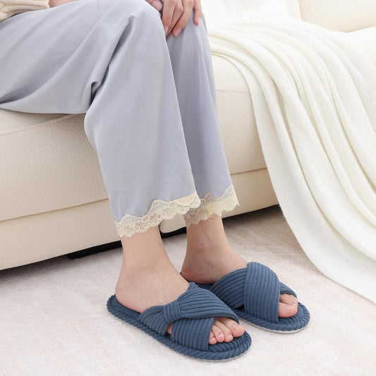 Evshine Summer House Slippers for Women Corduroy Cross Bow Indoor Slippers Open Toe Slip On Bedroom Shoes with Memory Foam