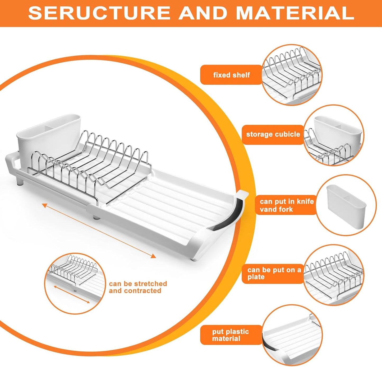 Dish Drying Rack Compact Expandable - A Space-Saving, Stainless Steel, Rust-Resistant Dish Drainer for Kitchen and Apartment Countertops/Sink Cabinets, Extendable from 11.42 to 19.9 inches (White)