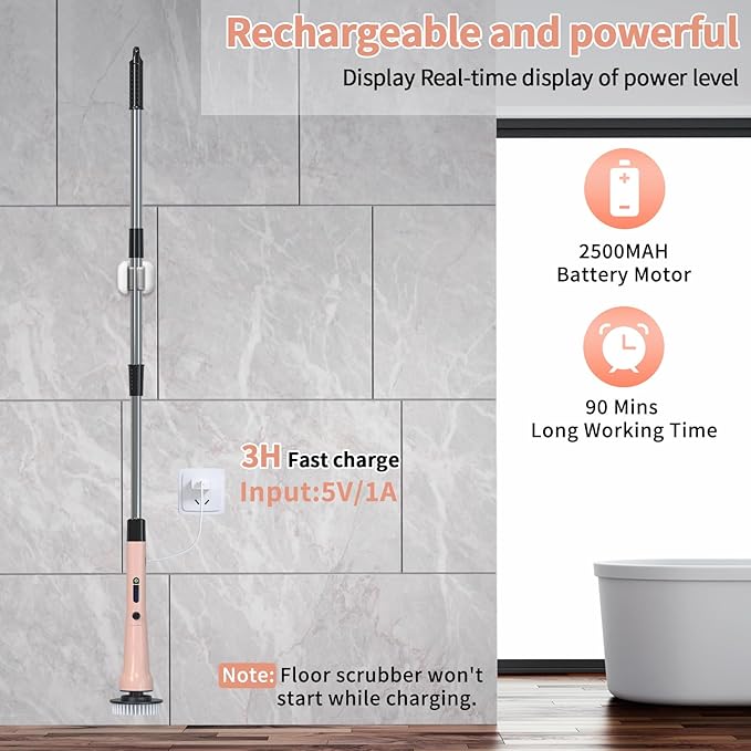 Electric Spin Scrubber, Hillyfe Bath Scrubber for Cleaning with 7 Replaceable Brush Heads, IPX7 Waterproof,300/400 RPM, 3 Adjustable Size,Cordless Shower Cleaner Brush for Bathroom Floor,Pink