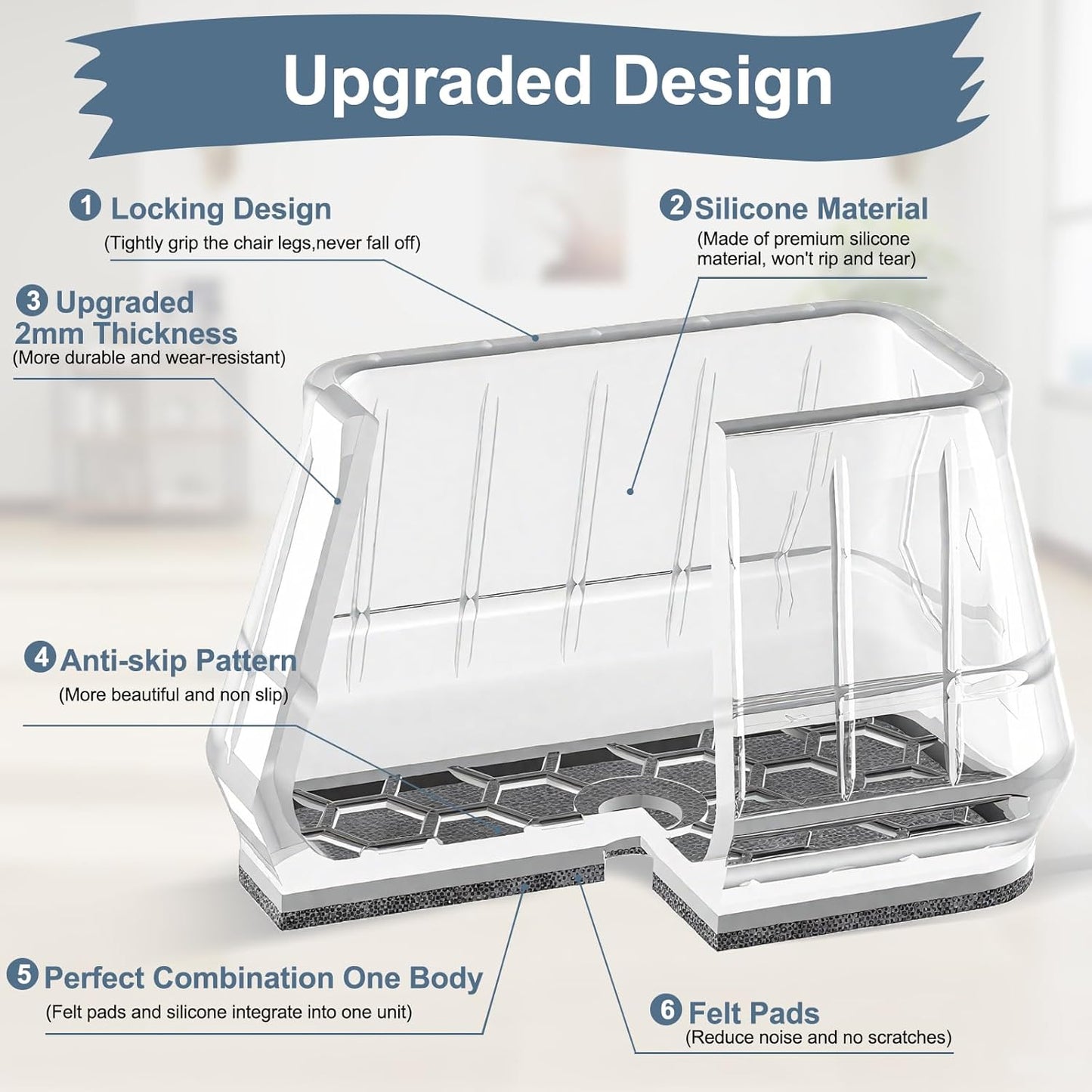 24PCS Rectangular Chair Leg Floor Protectors for Hardwood Floors, Thicken Rubber Chair Leg Cap Covers, Non Slip Furniture Leg Pads to Protect Wood Tile Floors from Scratches and Reduce Noise