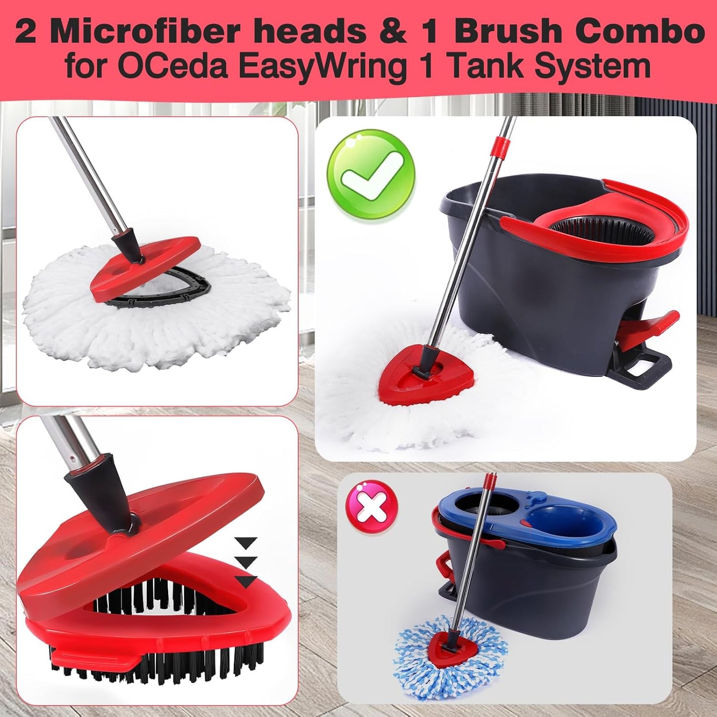Mop Replacement Heads 2 Pcs & 1 Scrub Brush Combo for Ocedar Easywring 1-Tank System,Microfiber Spin Mop Replacement Head,Machine Washable for Bathroom,Kitchen,Tub and Tile Cleaning