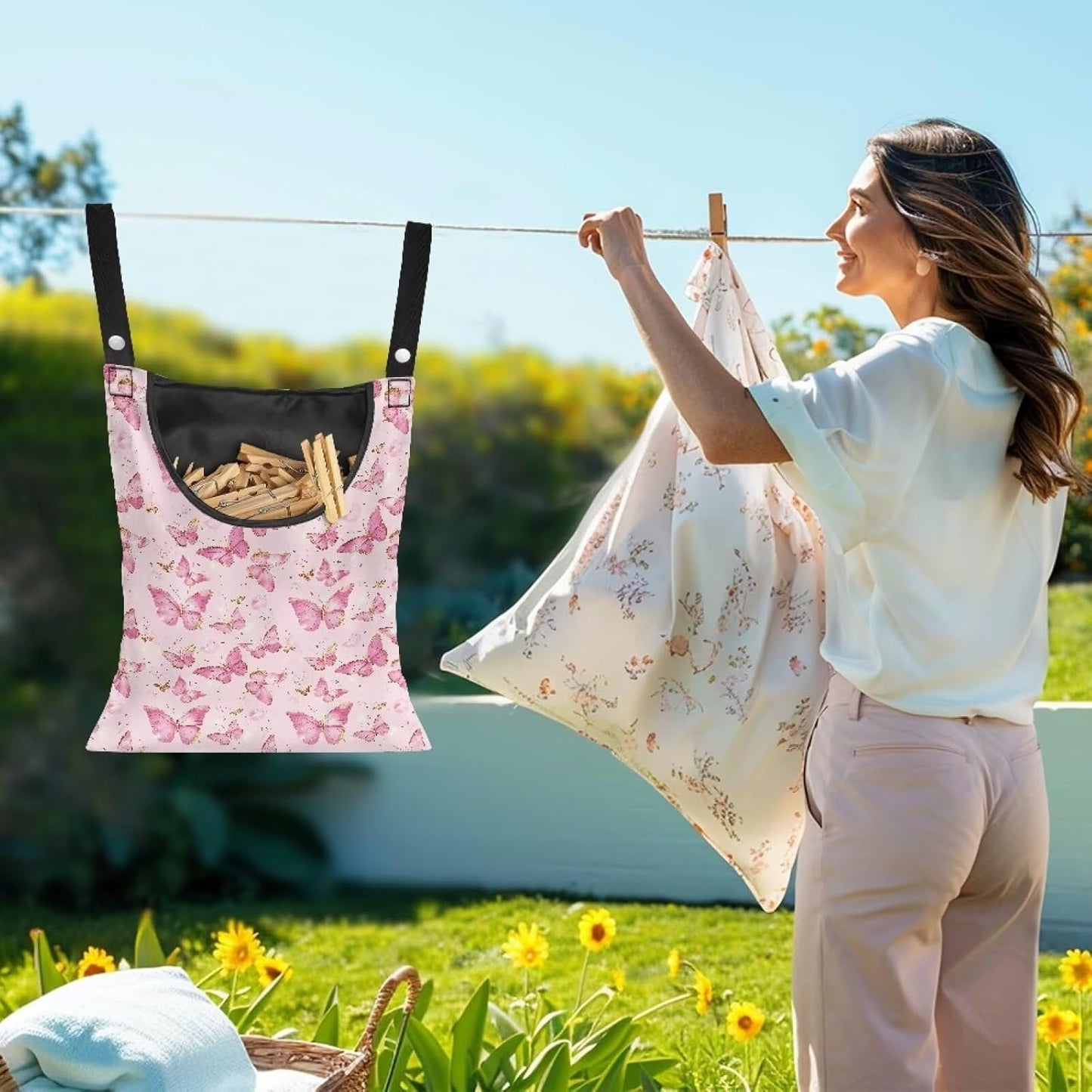 2 Pcs Butterflies Print Clothespin Bag for Clothes Pins Heavy Duty Outdoor Use, Laundry Clothesline and Clothes Pin Holder Clothespin Bag