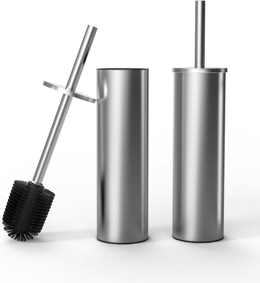 Toilet Brush and Holder Set, 2 Pack Stainless Steel Toilet Bowl Brush with Lid, Rust Proof Toilet Cleaner Brush with Caddy, Durable Bristles, Splash Proof, Ideal for Bathroom (Brushed Nickel)