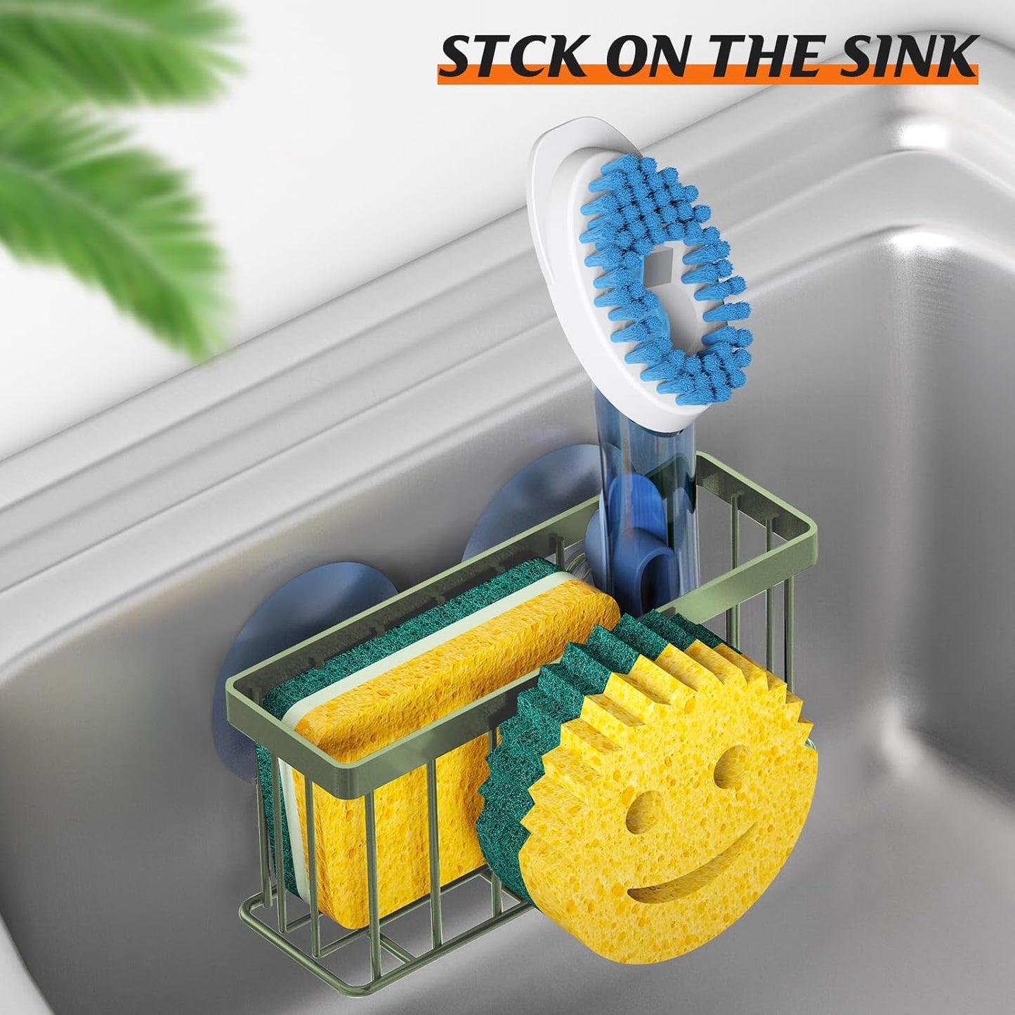Sponge Holder Smiley Face,Sink Caddy,Sink Organizer with 2 Suction Cups/1 Adhesive Strips,Designed for Sponge,Soap,Dish Brush,Scrubber - Green