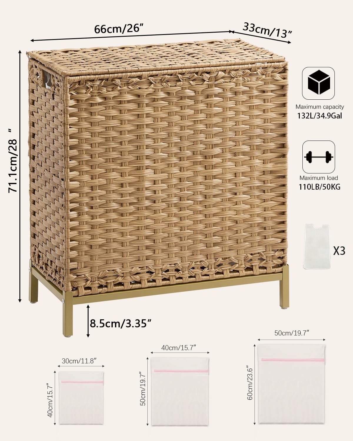 Laundry Hamper with Lid 132 L, (35 Gallons) Clothes Hamper with Lid, Handwoven Rattan Laundry Hamper with Metal Heightened Feet, Laundry Hampers with 3 Removable Liner Bags for Laundry-Natural