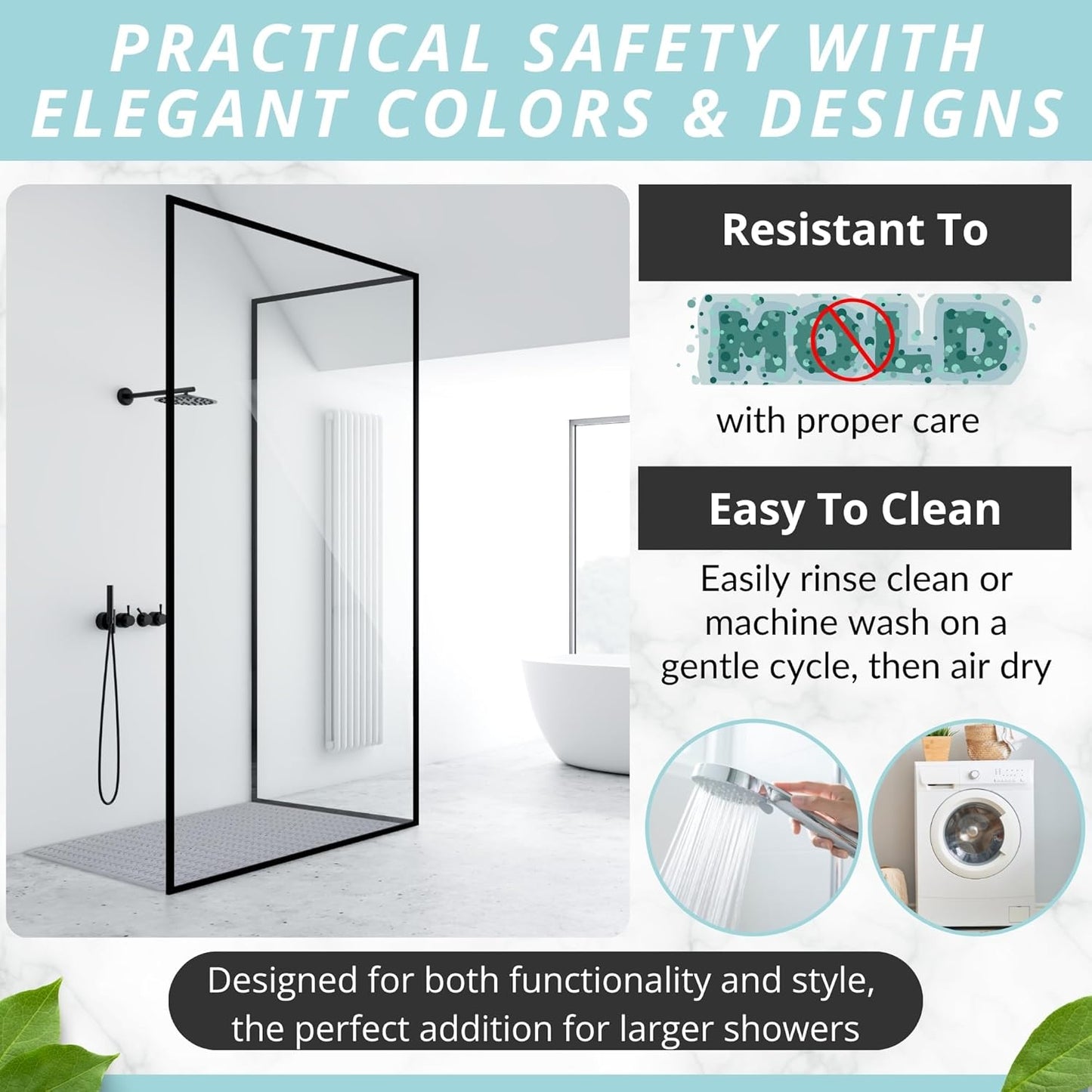 ENKOSI Extra Large Shower Mat Non Slip - 47 x 32 inch - XL Bathroom Shower Mat - Large Shower Matts for Shower Stall Floors - Secure Suction Cups and Drain Holes (47x32 Grey)