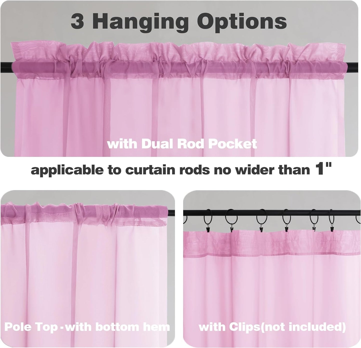 Chyhomenyc Pink Sheer Curtains 45 Inch Long 2 Panels, Light Filtering Rod Pocket Voile Short Curtains Drapes for Bedroom Small Windows, 42Wx45L Inches