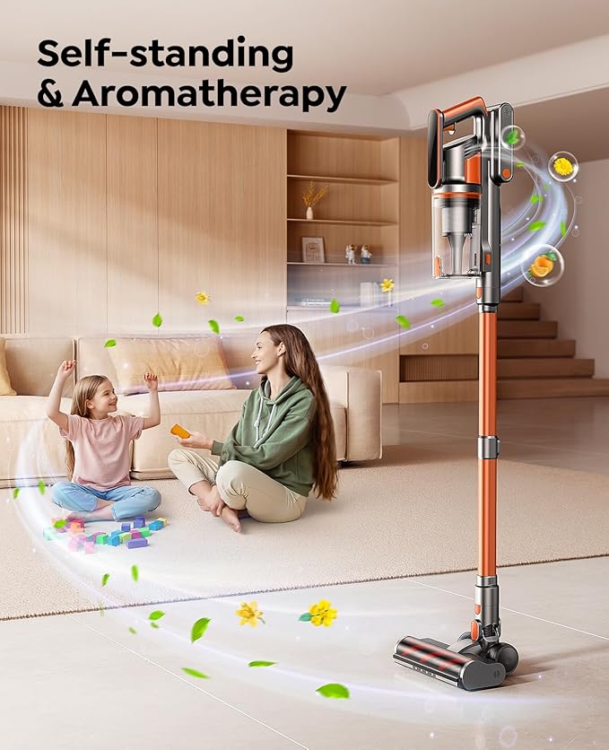 Fieety Cordless Vacuum Cleaner, 600W/50KPa/65Min Runtime Stick Vacuum with 3.3Ft Hose, Wall Mount Charging, Auto Mode, Touchscreen, Self-Standing Vacuum Cleaner for Home/Pet Hair/Carpet/Car, Fragrance