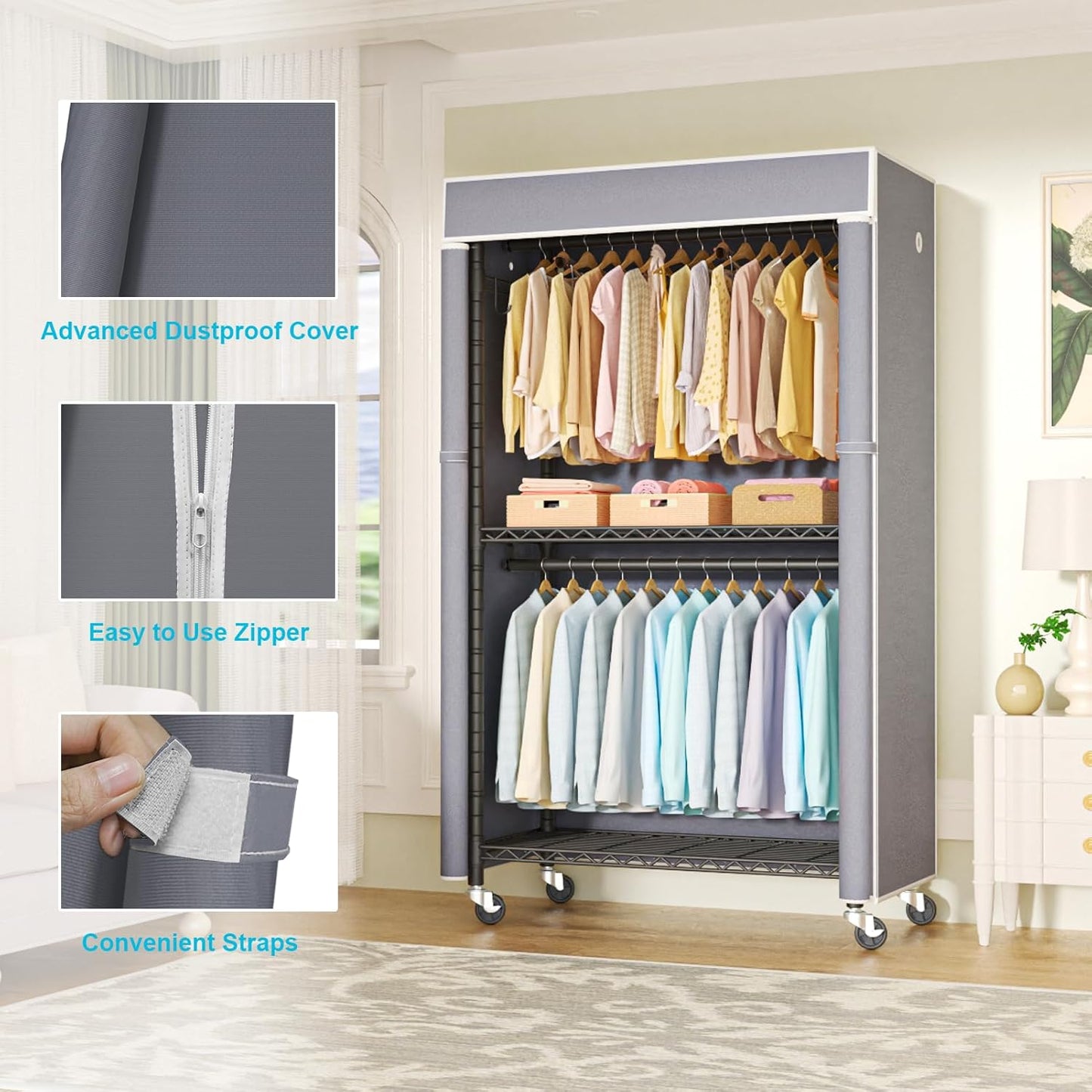 FUTASSI Black Clothing Rack with Grey Cover, P1C Rolling Closets with Wheels, Metal Garment Rack for Hanging Clothes, Clothing Storage Wardrobe, 36.2" W x 16.5" D x 80.5" H, Load 450 Pounds