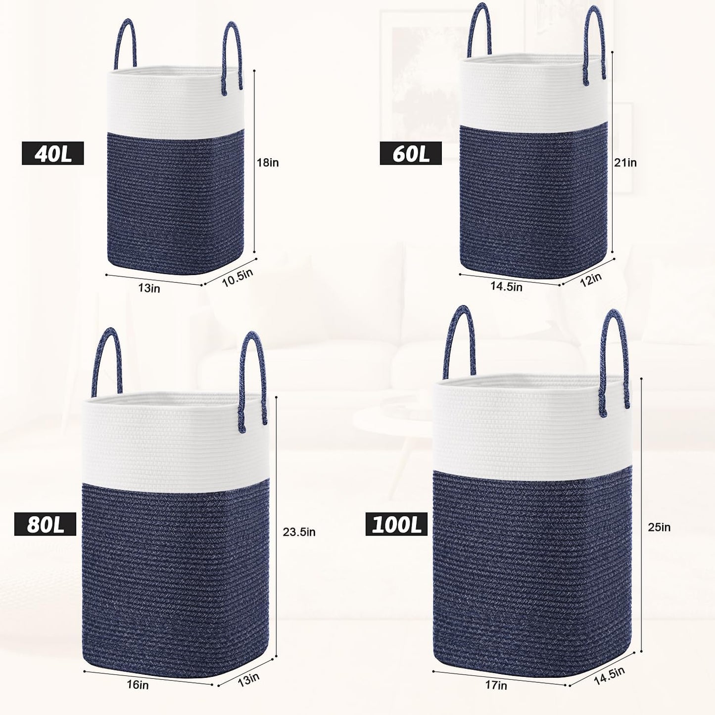 Laundry Basket,Woven Cotton Rope Laundry Hamper,Versatile Storage for Dirty Clothes,Baby Toys,and Blankets in Bathroom, Nursery,and Living Room (Blue, 40L)