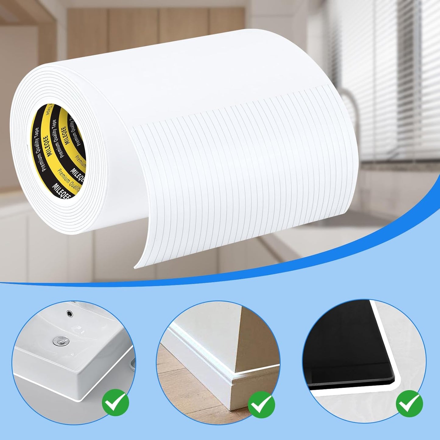 Caulk Sealing Strip for Tiles Bathtub Bathroom Toilet Kitchen,Wall,Corner, Gap Filling Self Adhesive Tape, 0.2in x 6.56FT x 19Strips(125FT Total) Seal Strips for Small Gaps (White)