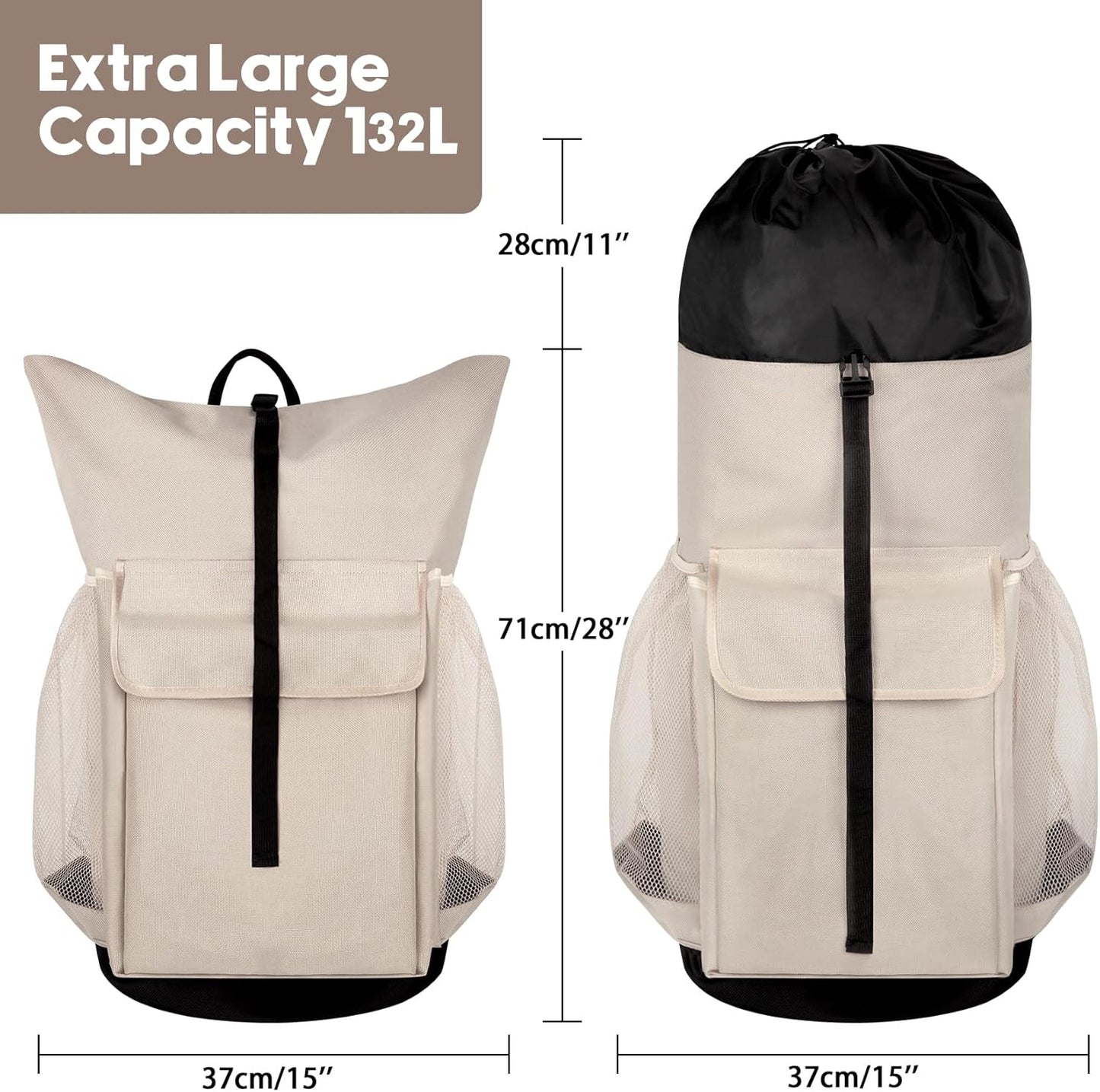 Laundry Backpack Bag, 132L Extra Large Heavy Duty Laundry Backpack for College Dorm Essentials, Laundry Hamper Travel Bag with Shoulder Straps and Mesh Wash Bags for Laundromat, Apartment Khaki
