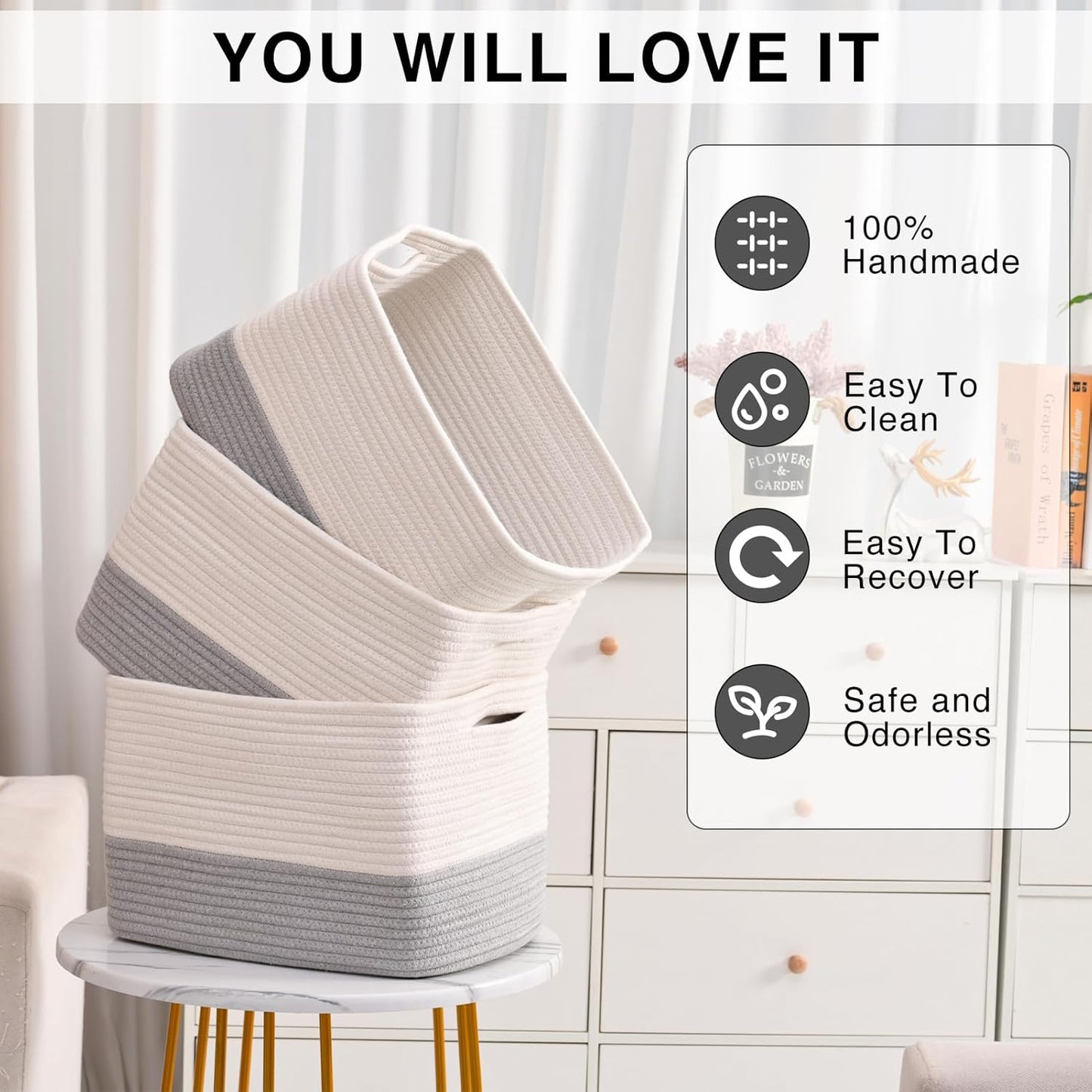 Storage Baskets for Organizing Shelves, Woven Cotton Rope Bins for Baby Nursery Organization, Book Toy Towel Organizer, 15"x11"x9.5", 3 Packs, Off White & Grey