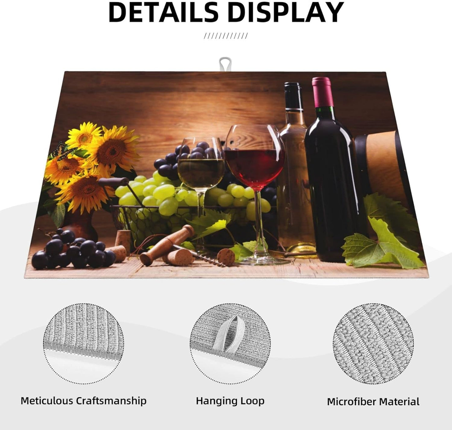 Red Wine Grape Vintage Wooden sunflower Microfiber Absorbent Reversible Dish Drying Mat For Kitchen Counter Xl Large Pad 18 X 24 Inch