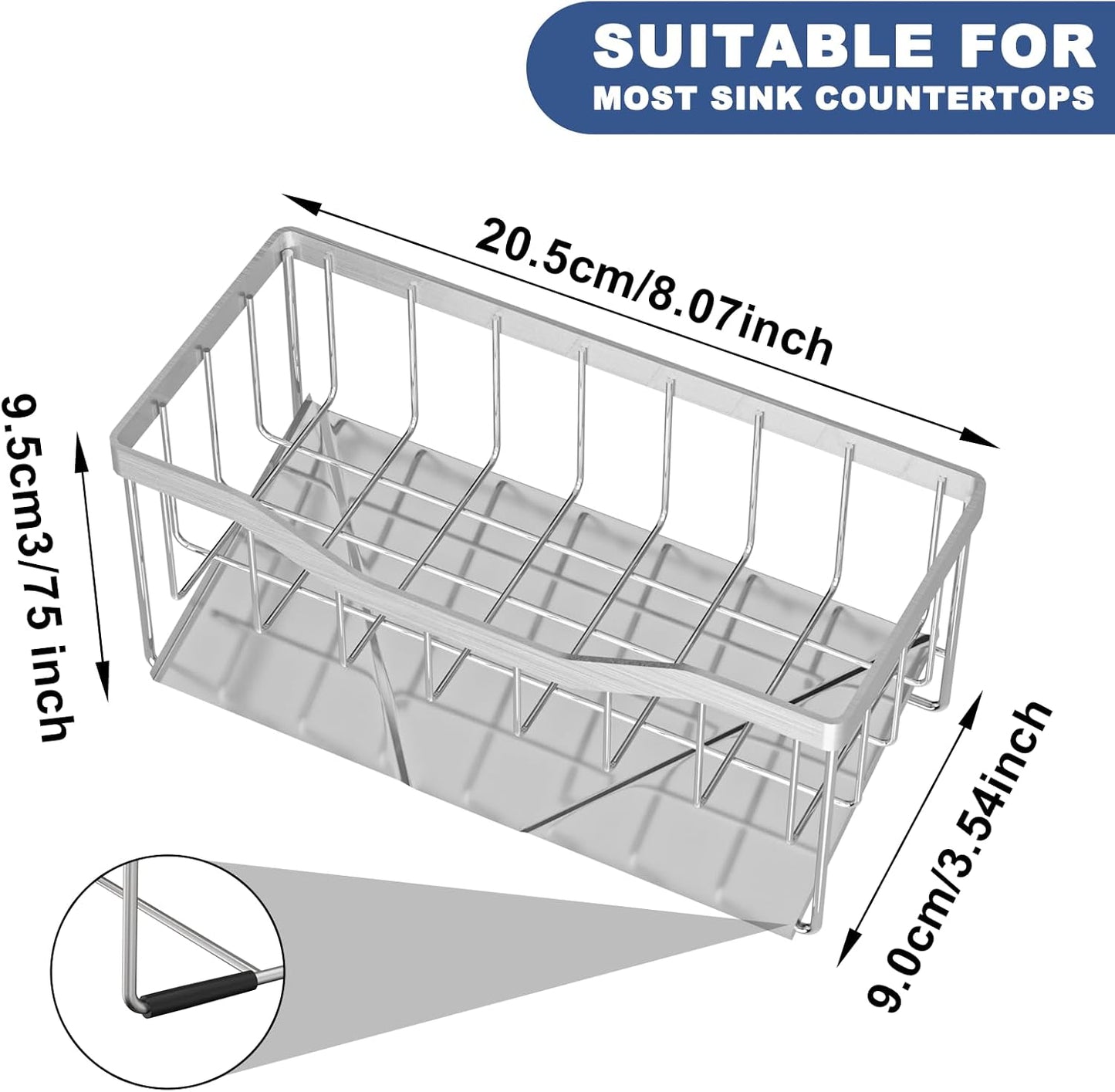 Vanwood Sponge Holder for Kitchen Sink with Auto Draining Tray, Sink Caddy Kitchen Sink Cocina Organizer, Self Drain Dish Soap Sponge Caddy for Counter (304 Sus Stainless Steel)