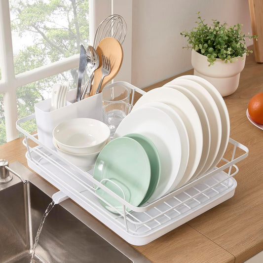 Dish Drying Rack 3 Piece Dish Drainer with Drainboard Set for Kitchen Counter – Dish Rack with Removable Utensil Holder & Swivel Spout for Countertop – DishRack for Plates, Cups & More, White