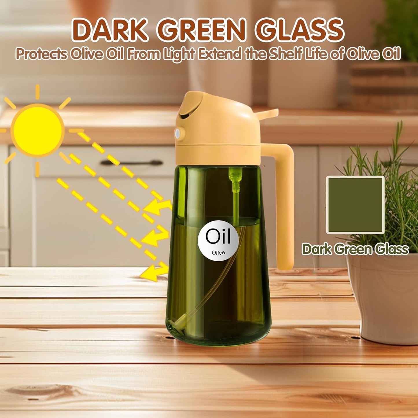YARRAMATE 16oz/470ml Light-Blocking Dark Oil Sprayer for Cooking, 2 in 1 Olive Oil Dispenser Bottle for Kitchen, Premium Dark Green Glass Oil Bottle, Food-Grade Oil Mister for Air Fryer, BBQ (Orange)