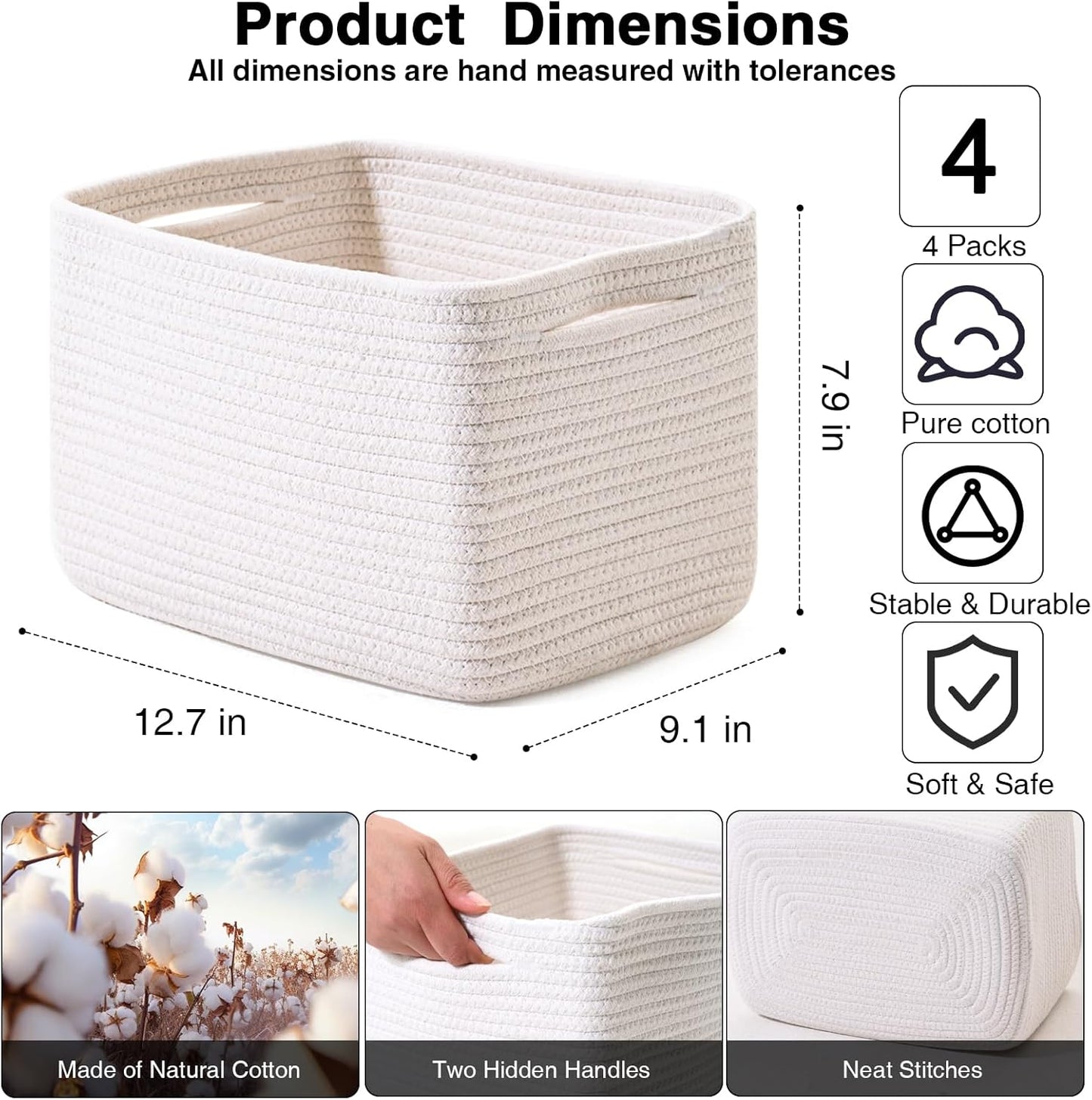 White Storage Baskets for Organizing, Woven Storage Baskets for Shelves, Cotton Rope Basket for Storage, Cute Rectangular Book Toy Basket, 12.7"×9.1"×7.9", 4 Packs, Off White