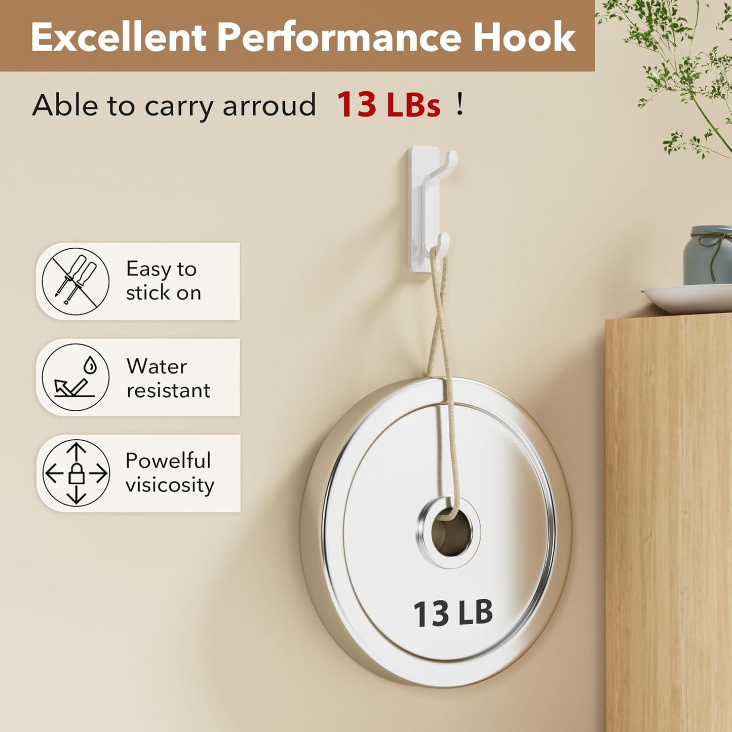 Wall Hooks for Coat and Towel: 13LB Adhesive Door Hanger Stick on, White 6 Pack