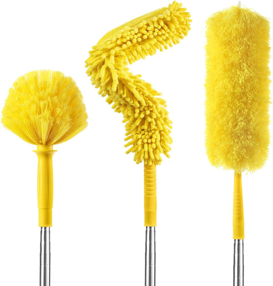 17 Foot High Reach Duster Kit with 2-to-9 Foot Extension Pole, Newliton 3-in-1 High Ceiling Chenille Duster, Microfiber Duster, Cobweb Duster, Indoor & Outdoor Extendable Bendable Duster Cleaning Set