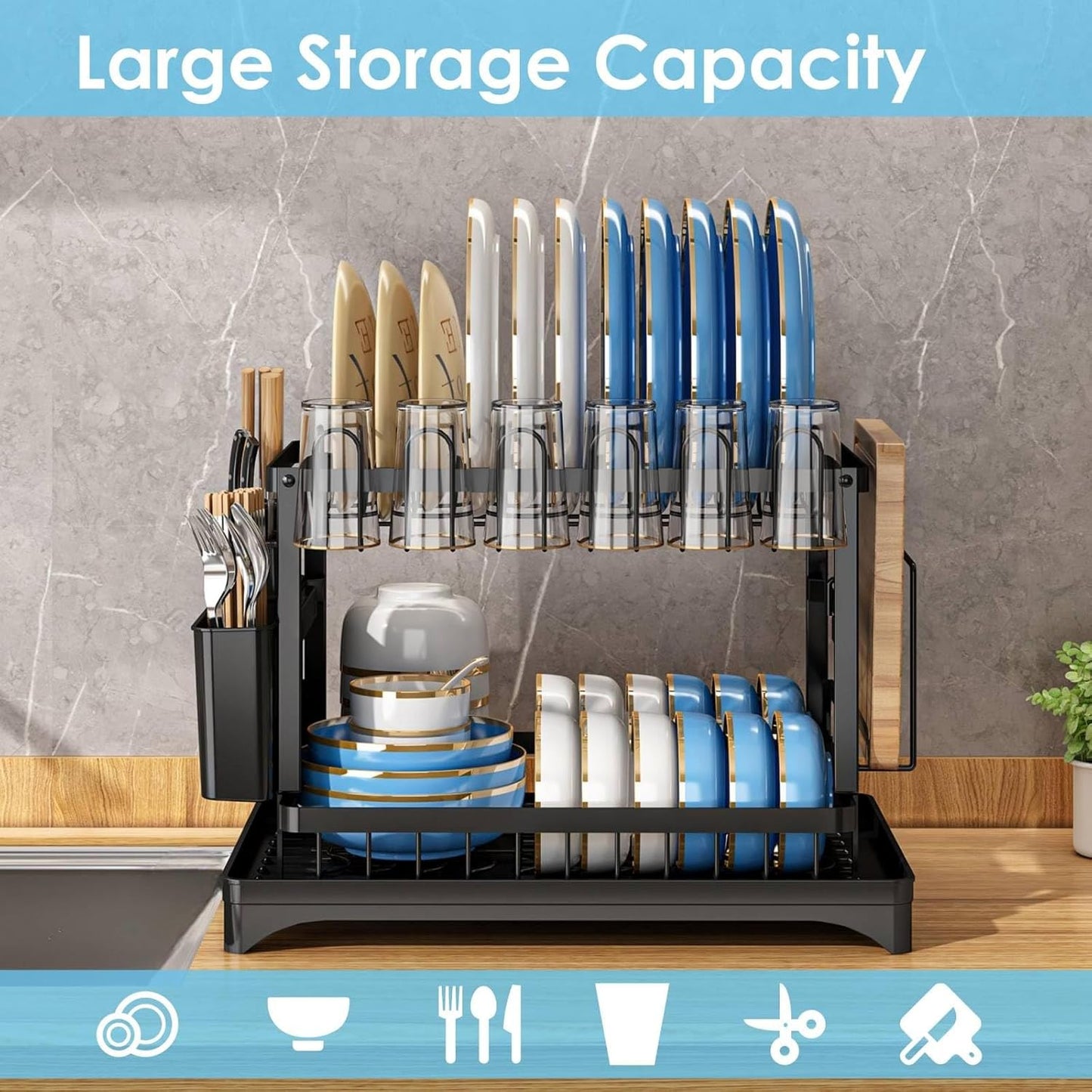 Dish Drying Rack for Kitchen Counter 2 Tier Iron Dish Drainer with Removable Cutlery Basket, Black